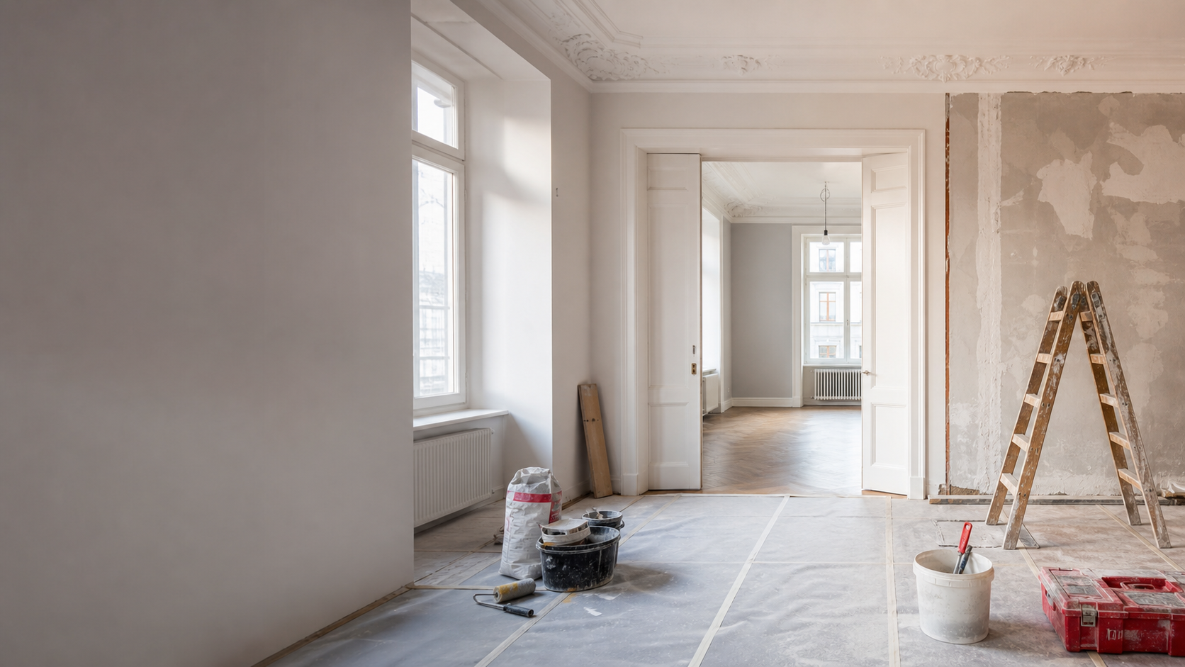 Helle Altbauwohnung während professioneller Sanierungs- und Renovierungsarbeiten